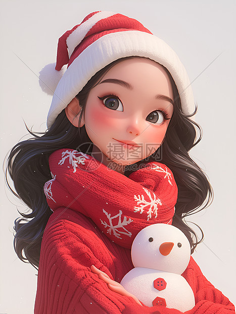 红衣女子与雪人图片