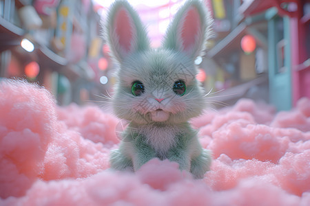灰色的兔子在粉色棉花上图片