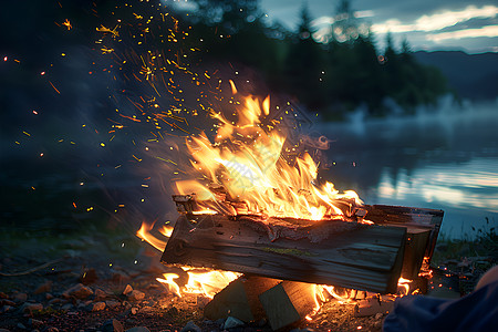 篝火露营湖畔暖火背景