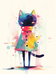 水彩涂鸦的黑猫图片
