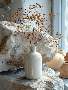 花岗岩上的瓷瓶与干花图片