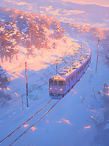 雪地中行驶的火车插画图片