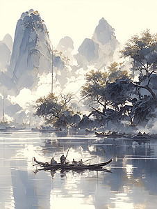 云雾缭绕的美丽山水画背景图片