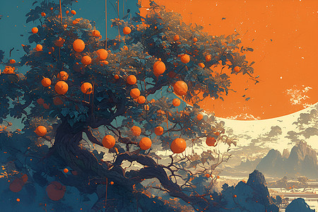 山脉树木上的橙子树木图片