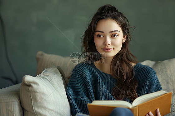 室内看书的长发女孩图片