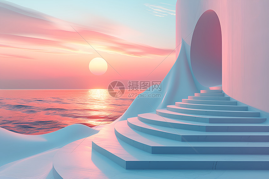 夕阳下通向海洋建筑的阶梯图片