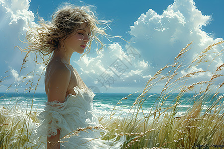 海风中的白裙少女图片