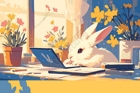 白兔子使用电脑工作背景有盆栽和黄色花朵的窗户高清图片