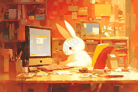 数码奇幻兔子玩电脑图片