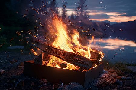 篝火露营夜晚湖畔的篝火背景