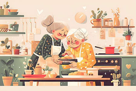两位老太太在厨房里忙碌图片