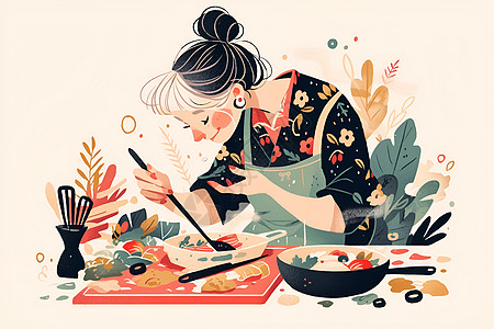 老年女性享受做饭的女性插画