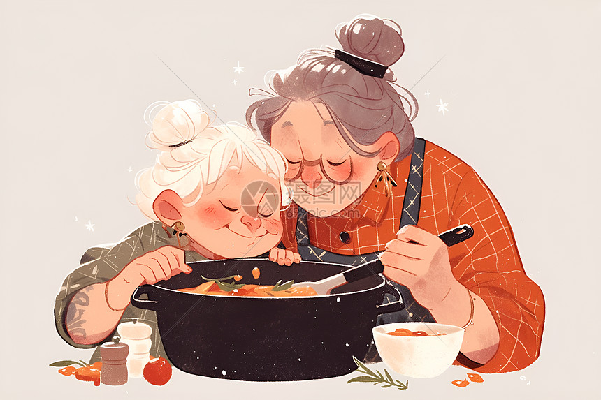 两位老年女性在做饭图片