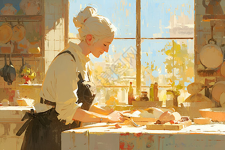 厨房里烹饪的白发女士图片