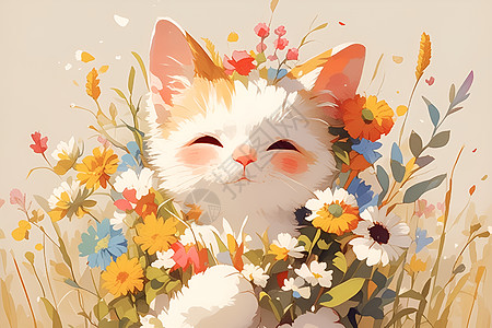 可爱的猫咪抱着花图片