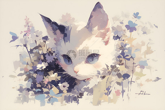 白色猫咪在花丛里图片