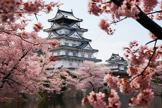 樱花前的日本城堡图片