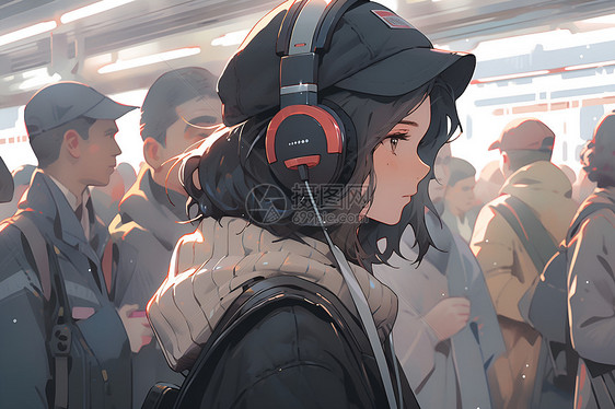 地铁上听歌的女孩图片