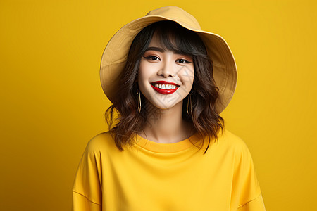 亚洲女性戴黄黄色帽子图片