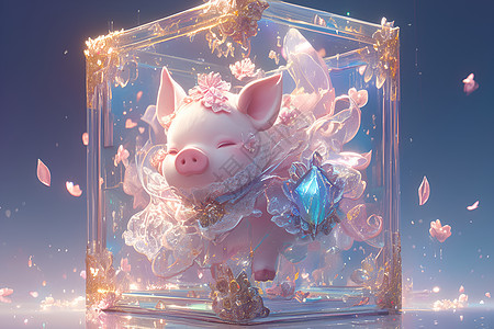 彩色梦幻玻璃盒中的小猪图片