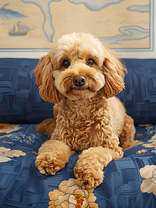 一只宠物狗在床上图片