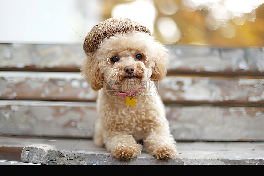 小狗戴帽子坐在木板上图片