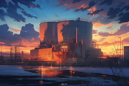 日落下的工业工厂图片