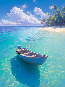 静谧海岸下的小蓝船图片