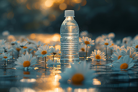 花朵中的塑料矿泉水瓶高清图片