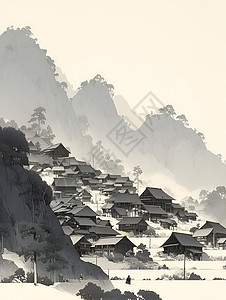 绘画的山间小村背景图片