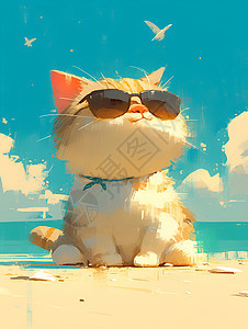 海滩上一只戴着墨镜的猫咪图片