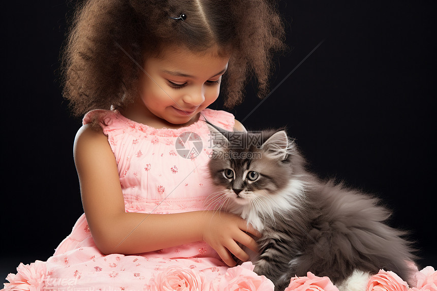 女孩与小猫合影图片