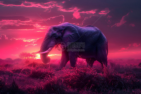 夕阳下的草地和大象图片