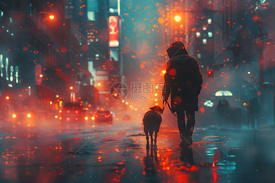 雨夜里行走于城市中的人和狗图片