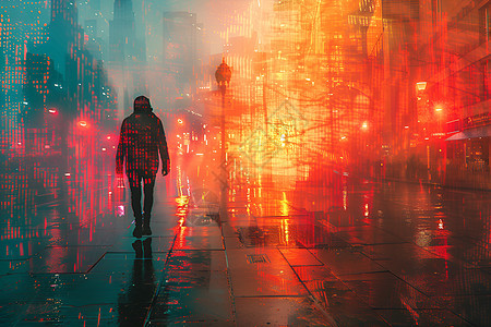 彩虹下的雨中伞步行者图片