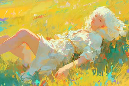 秋季草地中的少女图片
