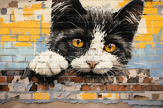 猫与墙壁涂鸦图片