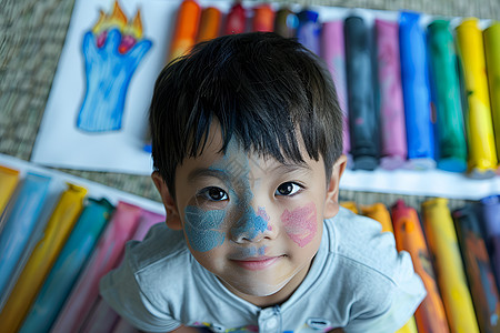 色彩蜡笔前的男孩图片