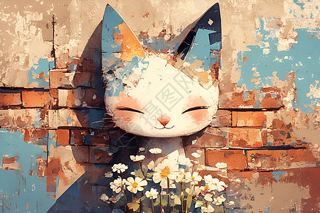 砖墙边的猫与花图片