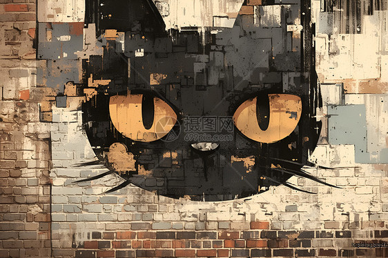 砖墙上的涂鸦猫图片