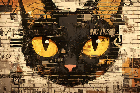 涂鸦砖墙上的黑猫图片
