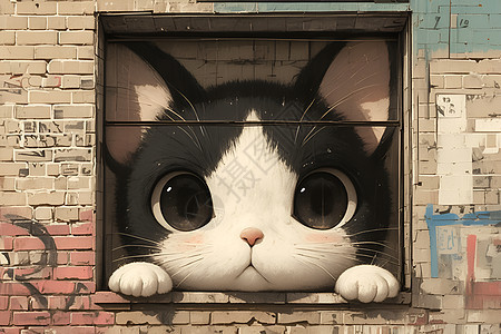 墙壁窗口的猫咪绘画图片