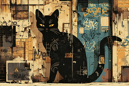 黑猫在涂鸦墙上图片