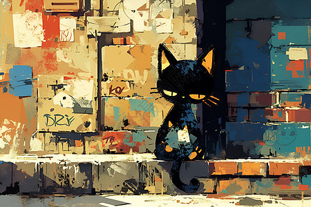 黑猫与涂鸦墙壁图片