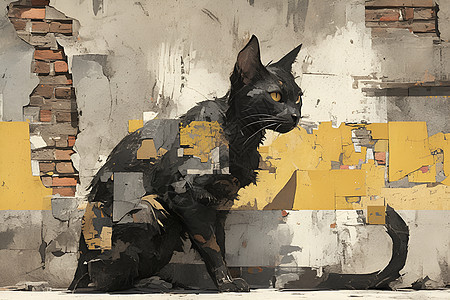 破旧墙壁上的黑猫绘画图片