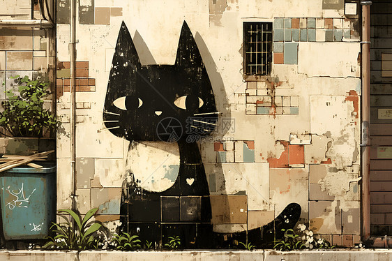 卡通黑猫在城市砖墙上图片