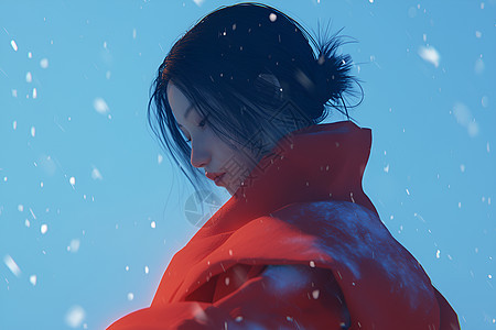 冬天雪中的红衣女子图片