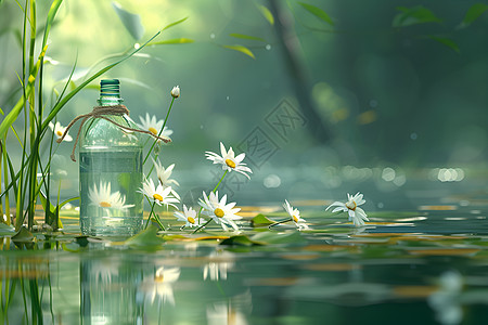 清澈池塘中的水瓶与雏菊图片