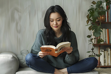读书少女女人在白色沙发上阅读背景