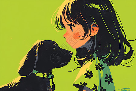 可爱的卡通女孩和狗狗图片